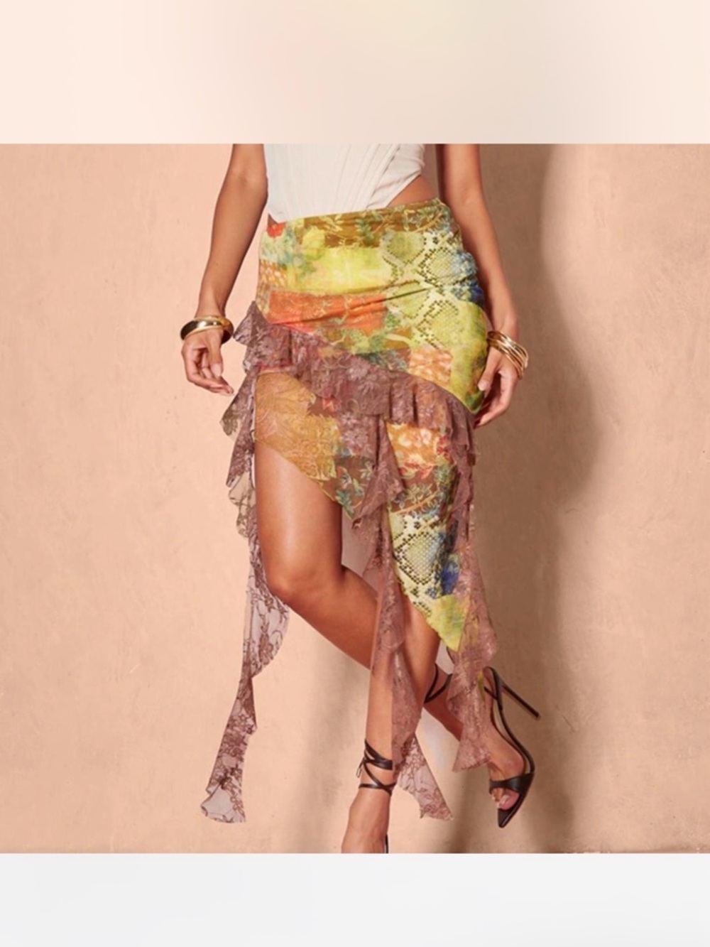 PLT Yellow Orange Green & Brown Asymmetrical Ruffle Boho Skirt- Size 6 Small